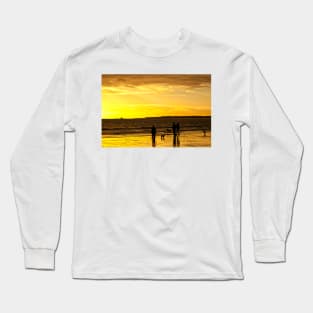 Dog walkers on the beach at sunrise Long Sleeve T-Shirt